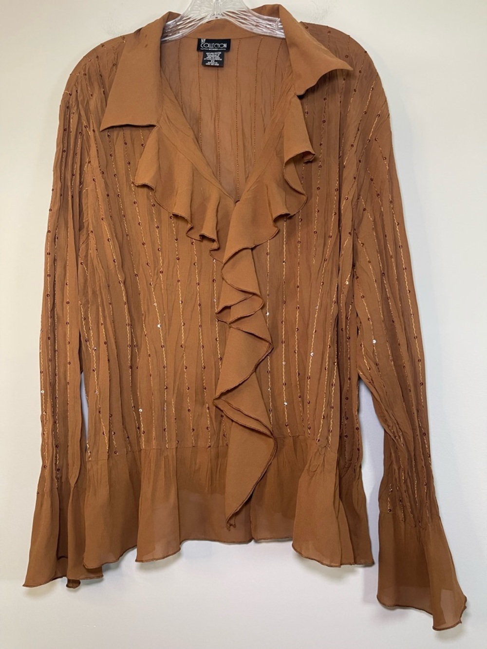 NY Collection Ruffle-Front Sequin-Striped Blouse in Camel Brown